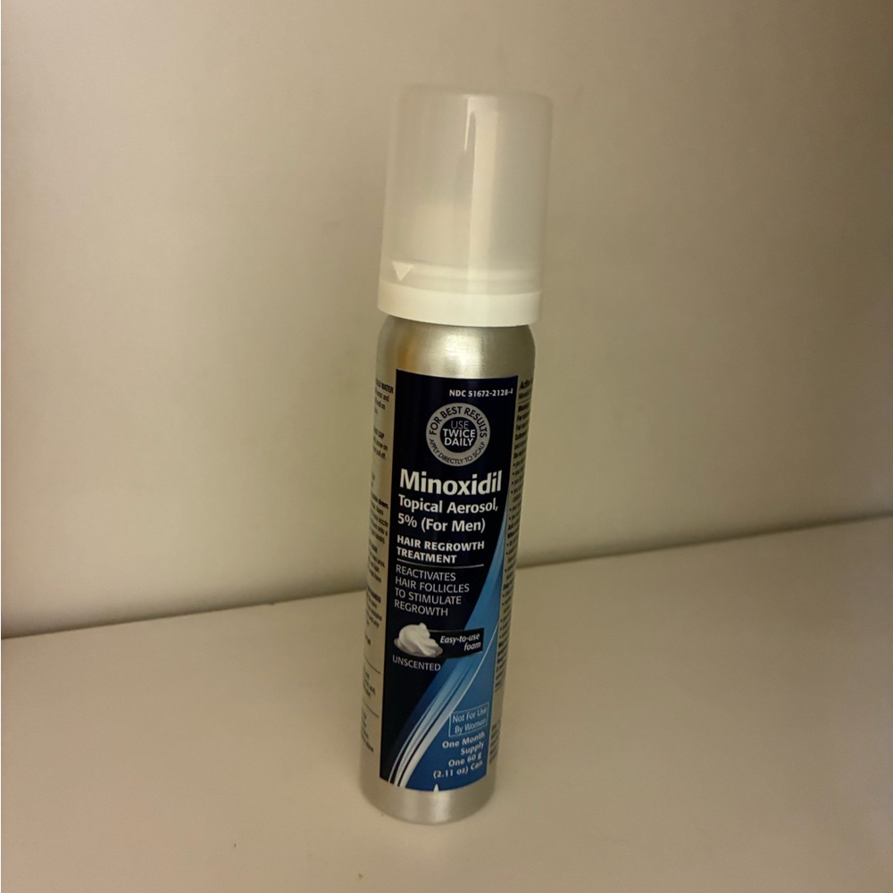 Men’s White and Blue Minoxidil Topical Aerosol